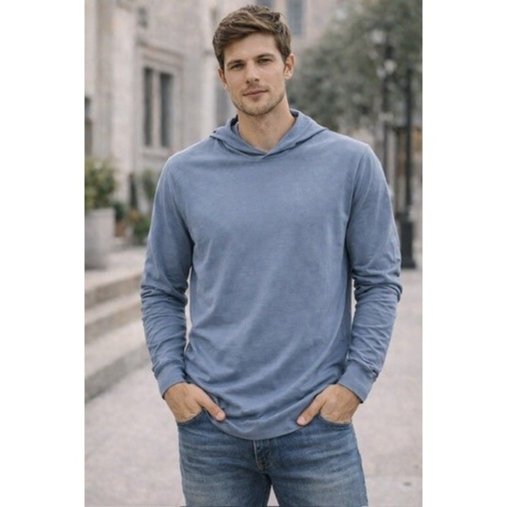 Cuts Clothing Mens Curve-Hem Long Sleeve Hoodie Slate Blue Premium Basic Small‎